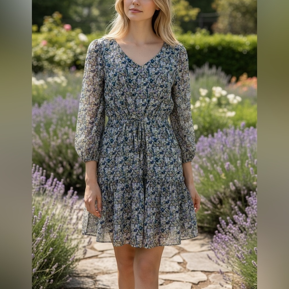 Skies Are Blue | Navy Gold Ditzy Floral Tie Waist Dress - Romantic -Garden Party